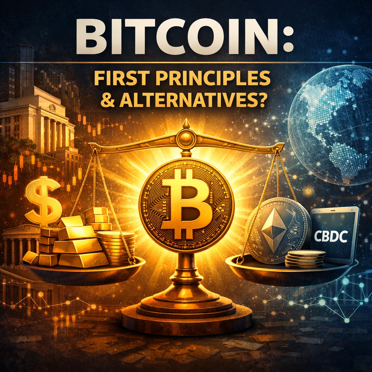 Illustration of Bitcoin on a balance scale between gold and digital currencies, symbolizing a comparison between traditional finance and emerging monetary systems.