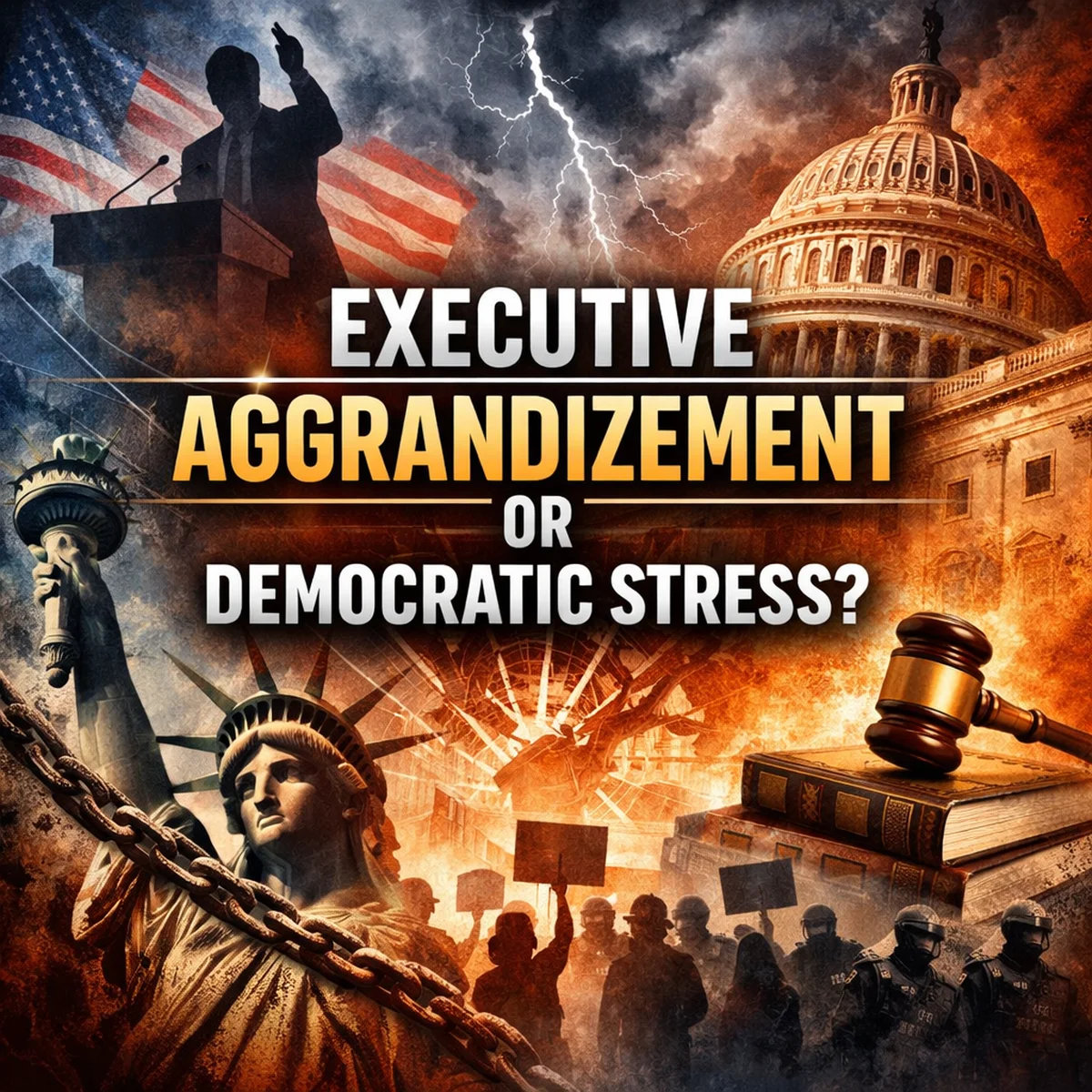 Illustration of the U.S. Capitol, Statue of Liberty, gavel, protest silhouettes, and storm imagery representing executive power expansion and democratic strain.