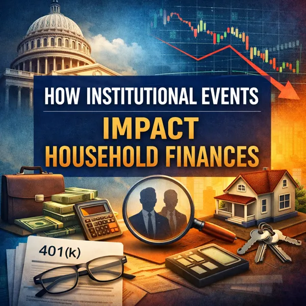Illustration showing government building, market chart, and household financial items representing how institutional events affect family finances