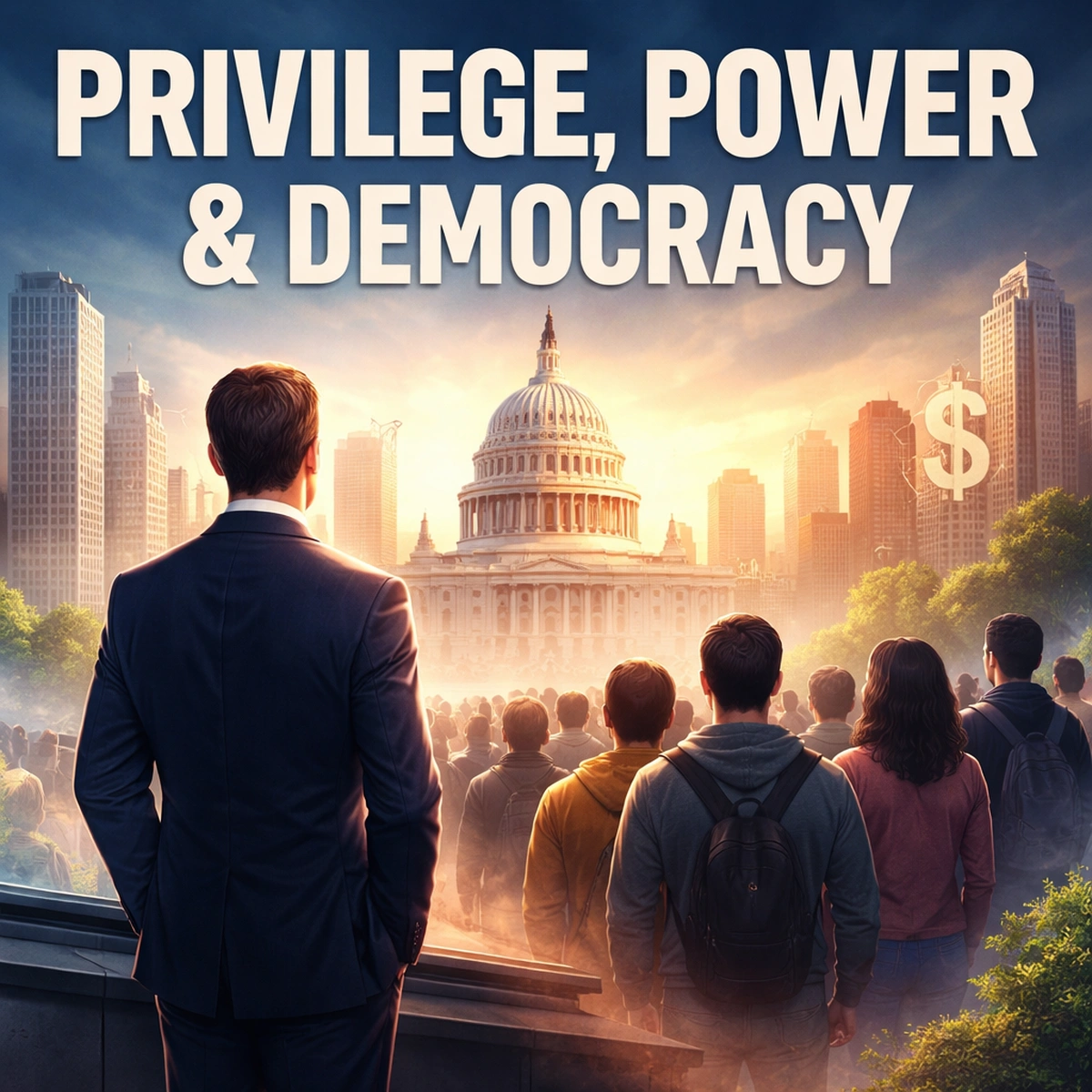 Illustration showing a suited figure overlooking a crowd facing the U.S. Capitol, symbolizing concentrated power, public influence, and democratic accountability.