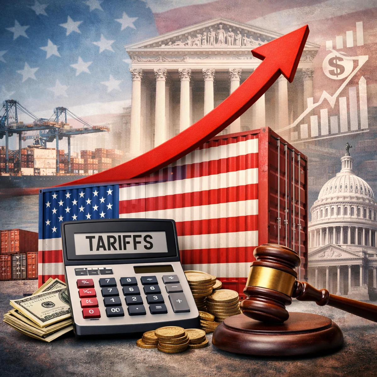 Illustration of a U.S. flag shipping container with rising arrow, calculator labeled tariffs, U.S. Supreme Court and Capitol building representing trade, taxation, and economic policy impact.