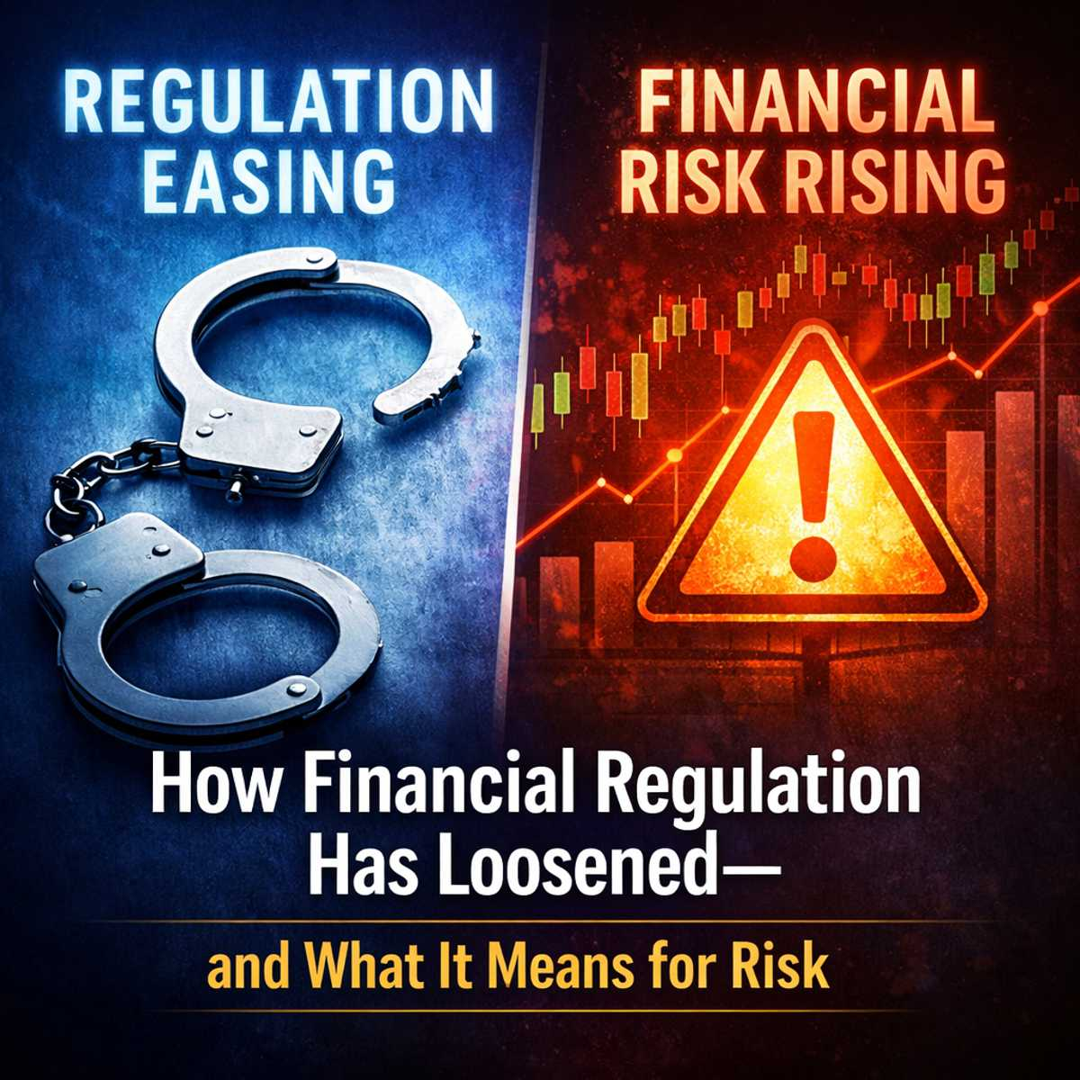 Split image showing regulation easing with broken handcuffs and rising financial risk with warning symbol and market chart