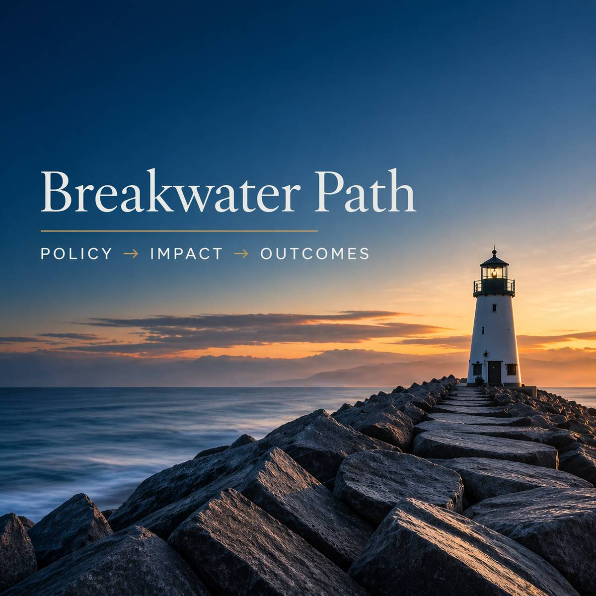 Lighthouse at the end of a breakwater at sunset symbolizing stability and long-term policy and economic analysis