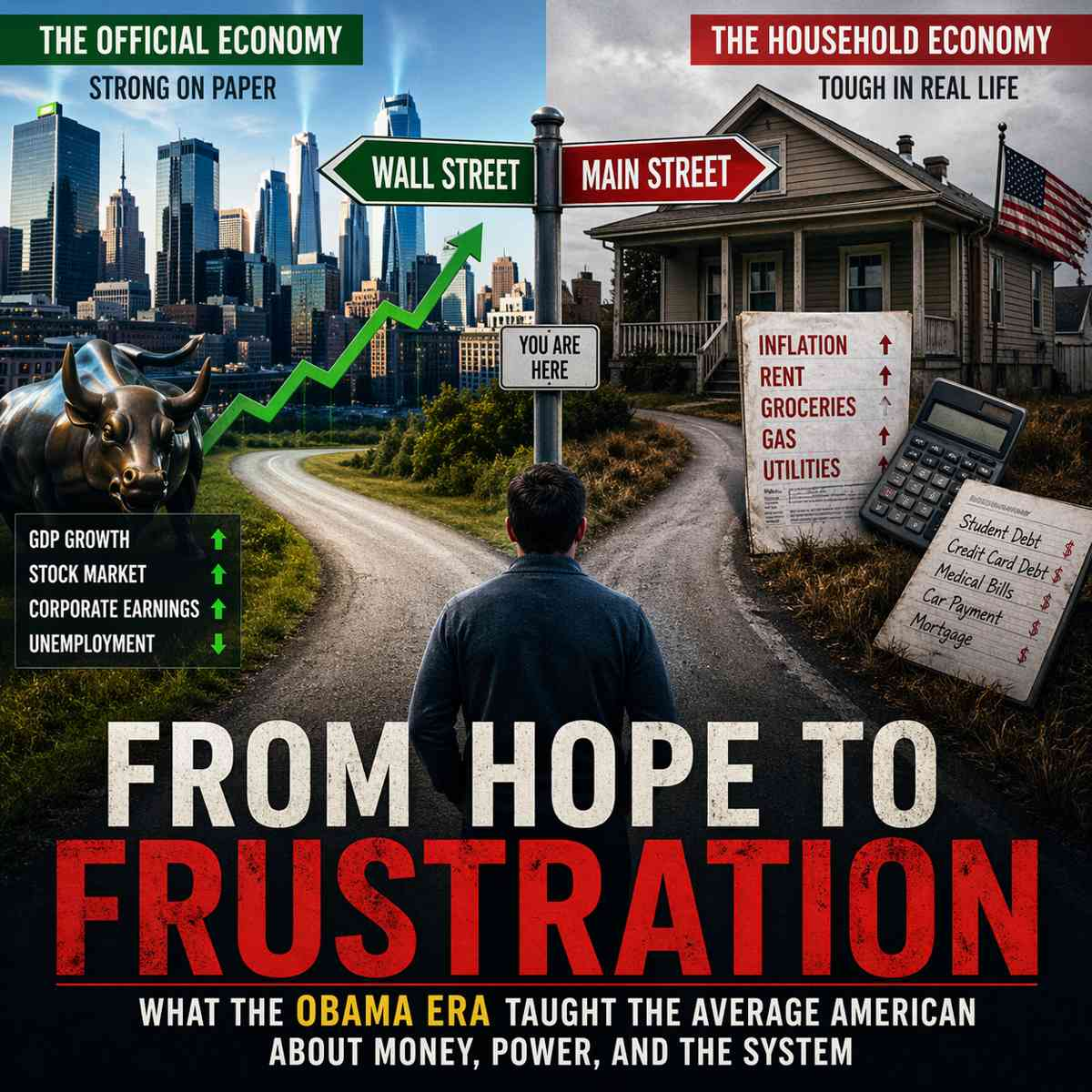 From Hope to Split image showing strong Wall Street economy with rising markets versus struggling household finances with rising costs like rent, groceries, and debt