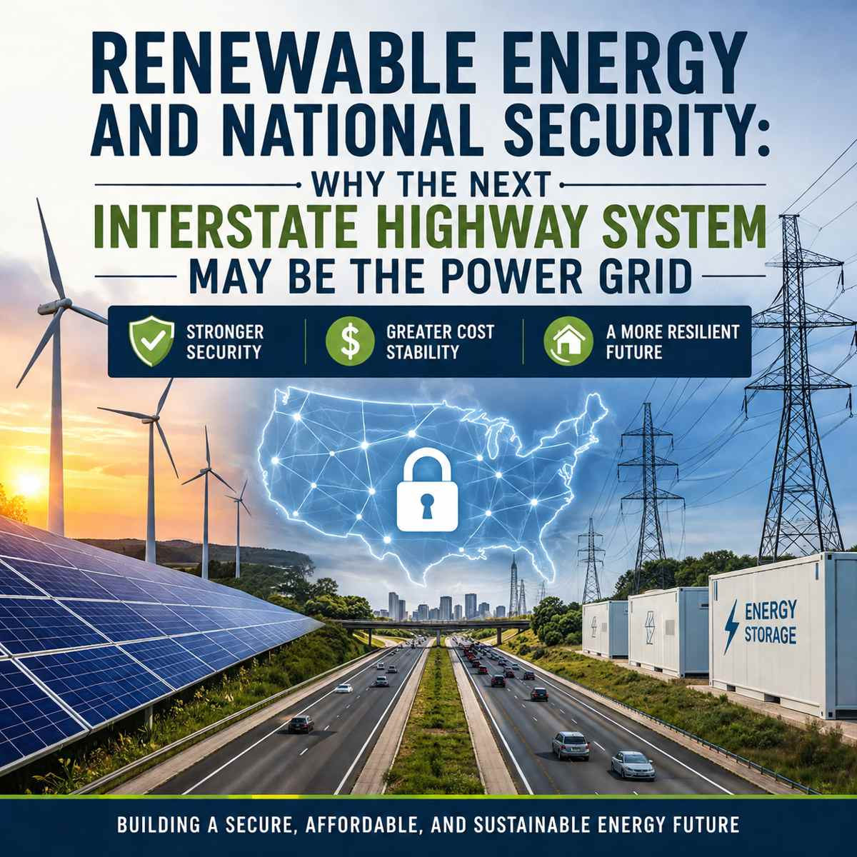 Infographic showing renewable energy, power grid infrastructure, and U.S. energy network representing national security and cost stability