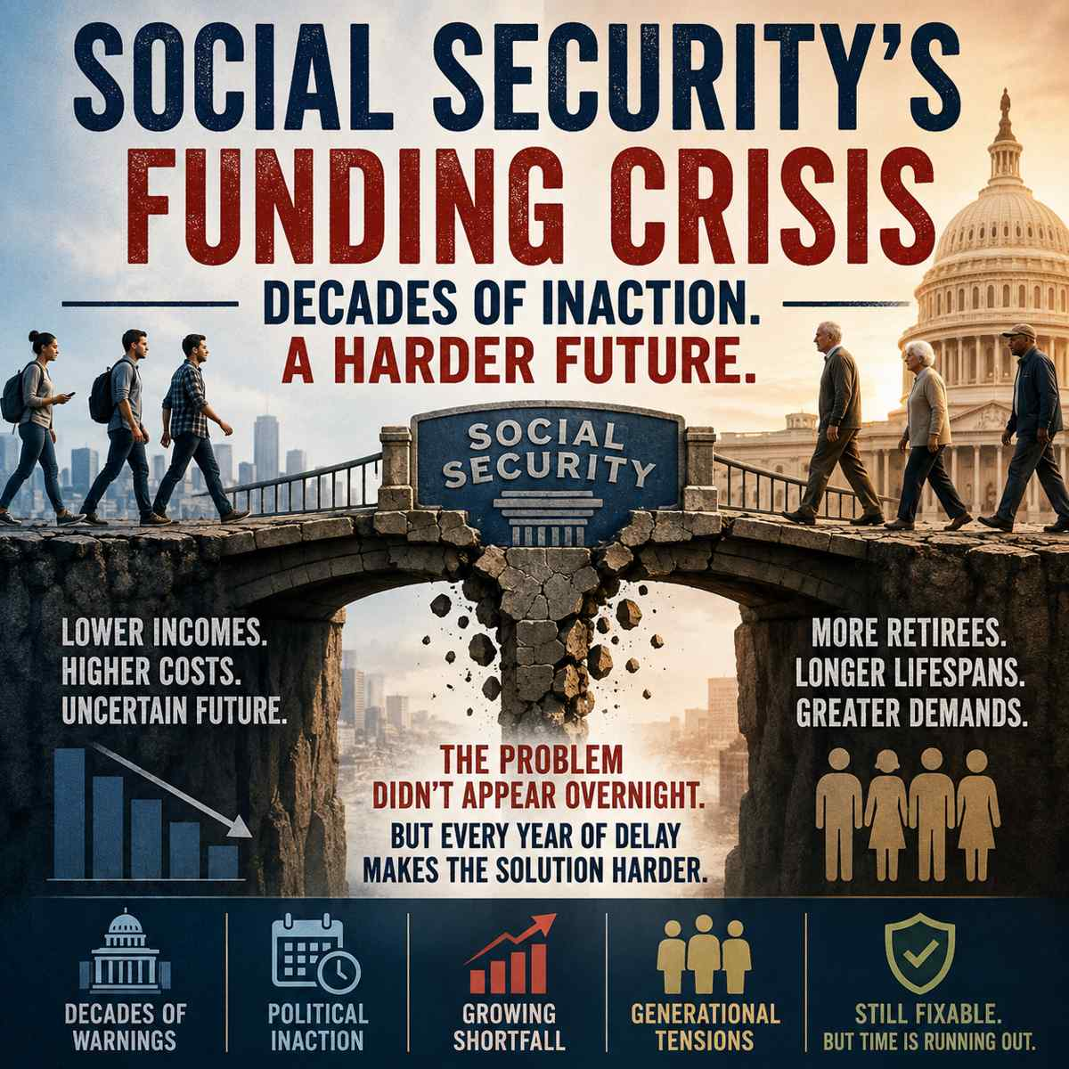 Illustration showing a crumbling Social Security bridge between younger workers and retirees, representing the growing funding challenges facing the Social Security system.