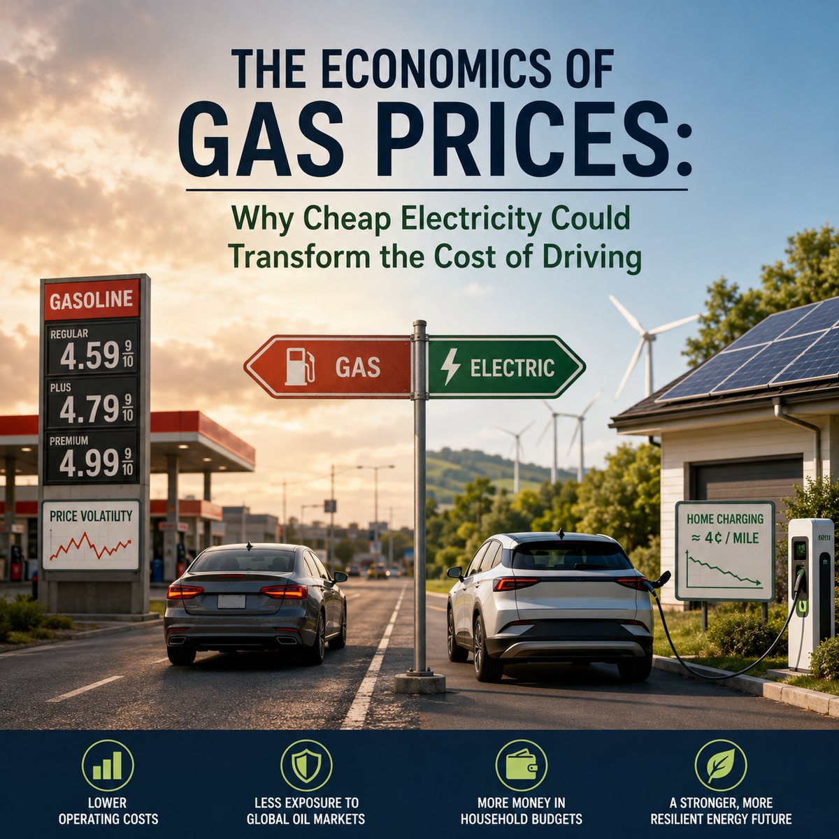Gas station and electric vehicle home charging comparison illustrating the cost difference between gasoline and electricity.