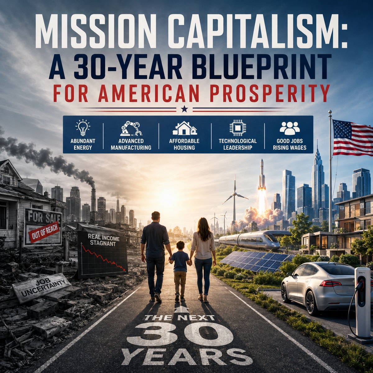American family walking toward a future of advanced manufacturing, affordable housing, clean energy, electric transportation, and technological innovation.